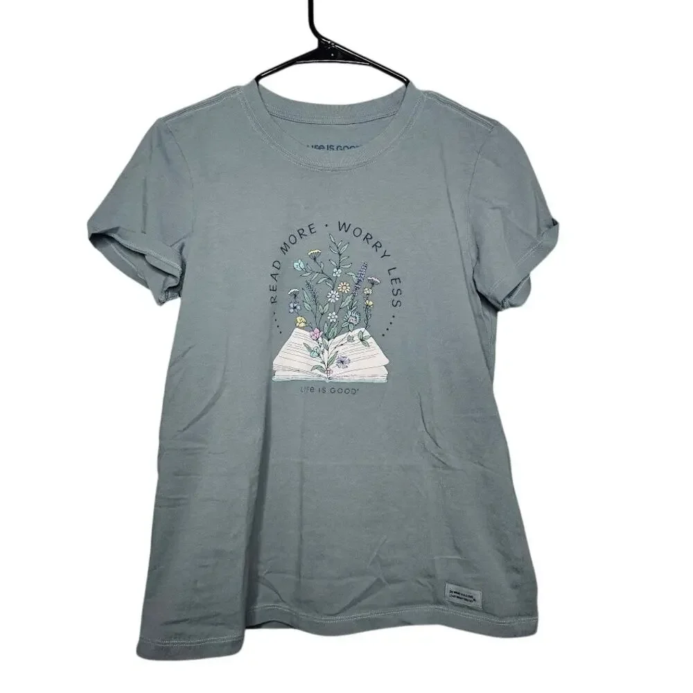 Life is Good crusher graphic tee muted green read more worry less bookish Size M - Picture 1 of 5